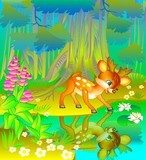 Little fawn looking at his reflection in the water. Vector cartoon image.
