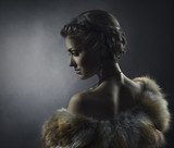 Woman beauty in luxury fox fur coat, beautiful retro girl 