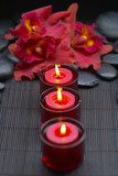 red orchid with row of candle and zen stones on mat 