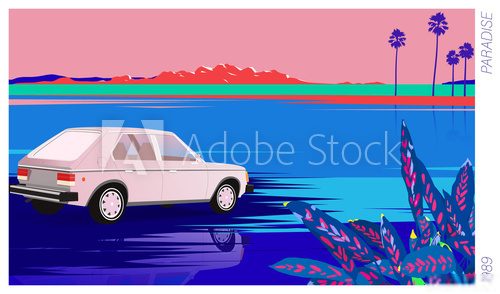 tropical lake and vintage car, 80's - 90's style poster illustration
