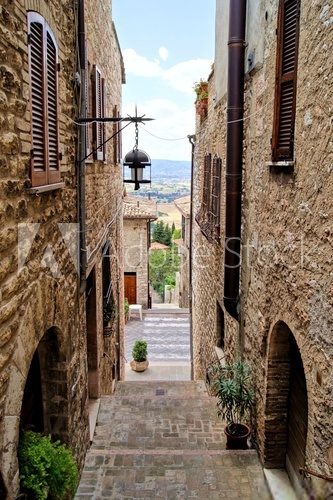 Medieval stepped street in the Italian hill town of Assisi