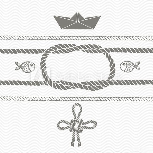 Nautical card with frame, marine knots, ropes, boat and fish.