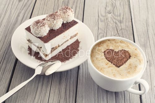 Coffee and cake as a morning meal. Tasty food background