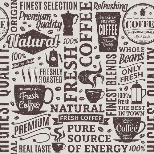 Retro styled typographic vector coffee shop seamless pattern or background