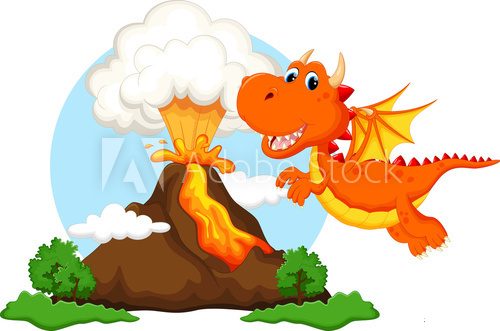 Cute dragon cartoon with volcano background