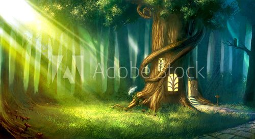digitally painted magic forest with tree house