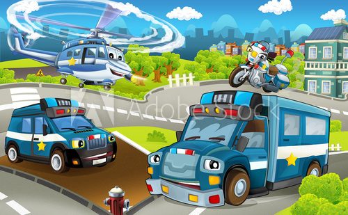 Cartoon stage with different police machines - trucks motorbike and helicopter - colorful and cheerful scene - illustration for children