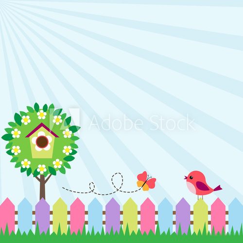Background with bird and flying butterfly near blooming tree