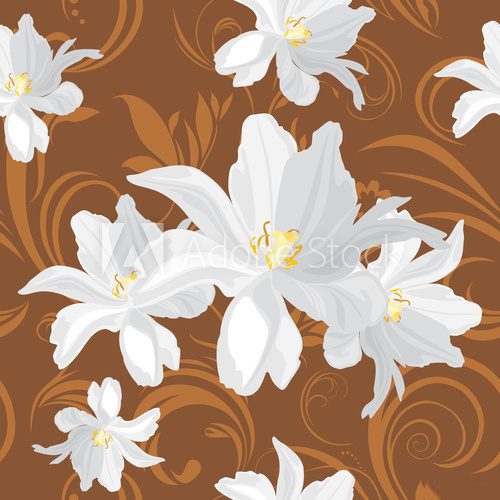 Brown ornamental background with white flowers