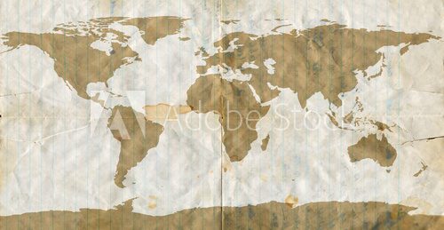 World map on dirty used loose leaf paper.