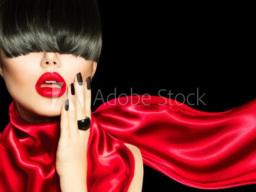 High Fashion Girl with Trendy Hairstyle, Makeup and Manicure