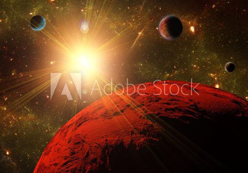 A view of planet, moons and the deep space. Abstract illustratio