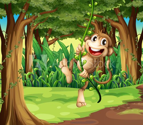A monkey playing with the vine trees in the middle of the forest