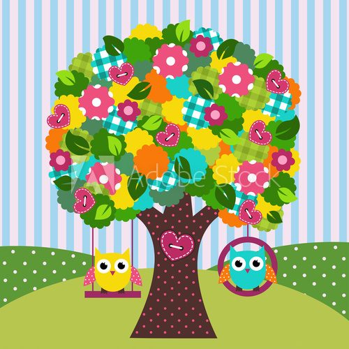 beautiful tree with owls on swings - vector illustration