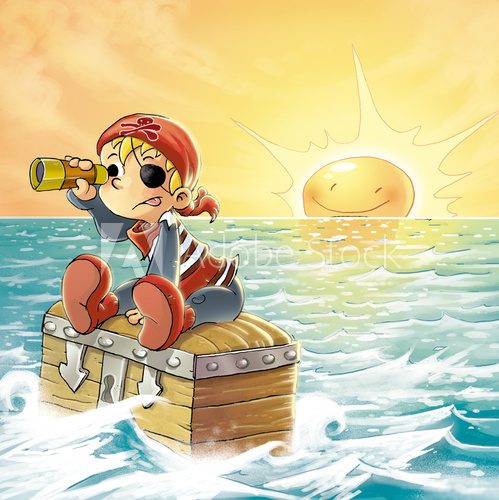 niño pirata en un cofre en el mar
