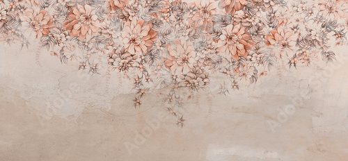 a lot of large flowers buds art drawn that hang down from top to bottom on a textured shabby wall photo wallpaper for the interior
