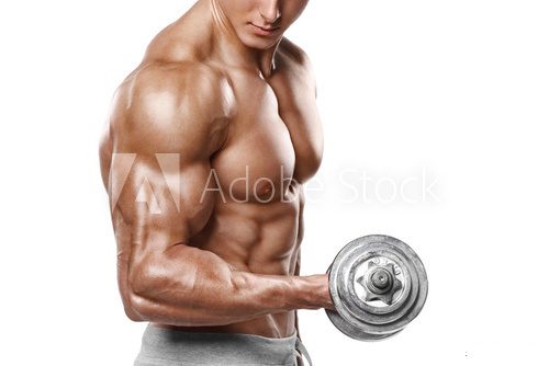 Muscular man working out doing exercises with dumbbells at biceps, strong male naked torso abs, isolated