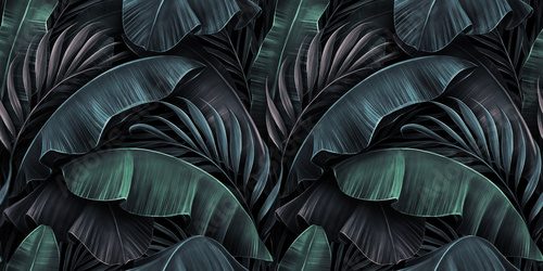 Tropical exotic seamless pattern with neon light color banana leaves, palm on night dark background. Premium hand-drawn textured vintage 3D illustration. Good for luxury wallpapers, fabric printing