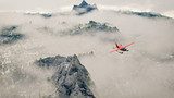 Red airplane flying over snow mountains with pine trees in the c 