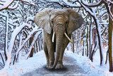 Elephant walking in snowy park scenery 