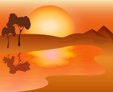 African landscape - sunset on the lake, vector illustration 