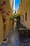 Restaurant in shade at street of old city and harbor, Crete 