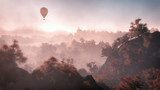 Aerial of balloon flying over mountain landscape with autumn for 