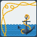 Nautical card with anchor and rope in flat design style.