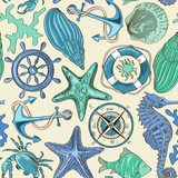 Seamless pattern of sea animals and nautical elements