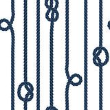 Navy blue rope with marine knots on white seamless pattern
