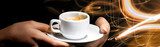 Hands holding cup of coffee on energy lighting background