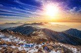 Winter landscape with sunset and foggy in Deogyusan mountains, S