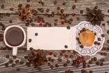 Cup of coffee, cookies, beans on wooden background. Template