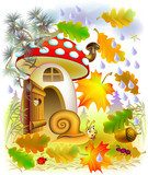 Illustration of autumn in fairyland forest, vector cartoon image.
