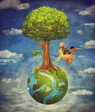 The little boy and brown pelican fly in the sky with  beautiful woodland scene with big tree and small planet 