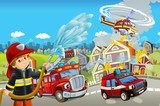 Cartoon stage with different machines for firefighting - trucks helicopter and fireman - colorful and cheerful scene - illustration for children