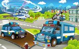 Cartoon stage with different police machines - trucks motorbike and helicopter - colorful and cheerful scene - illustration for children