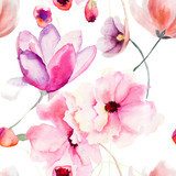 Watercolor seamless pattern with Pink flowers 