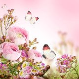Gentle bouquet from pink roses and butterfly 