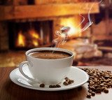 hot coffee near fireplace 