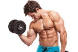 Muscular bodybuilder guy doing exercises with dumbbells over whi 