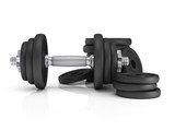 Fitness exercise equipment dumbbell weights on white background. 