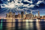 Spectacular sunset view of lower Manhattan skyline from Brooklyn 