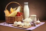 Basket with tasty dairy products 