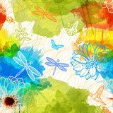 Seamless wallpaper of watercolors flowers,butterflies,birds 