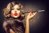 Beauty Retro Woman with Mouthpiece. Vintage Styled Beauty 