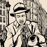 trumpet player on a cityscape background 