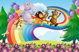 A group of animals at the rainbow 