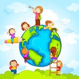 vector illustration of kids climbing around earth 