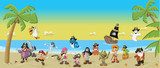 Cartoon pirates with funny animals on a beautiful tropical beach 